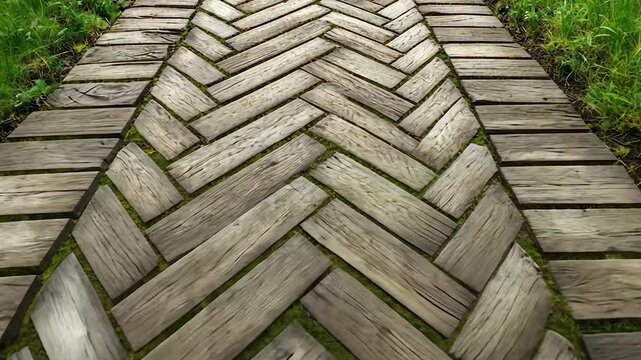 Wooden herringbone pathway with moss