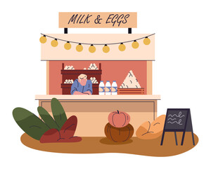 Vector farm food shop with dairy product. Counter with egg and milk, cottage cheese. Autumn stand with rural nutrition, drink and meal. Market stall, display with natural, vegan meal. Farming harvest.