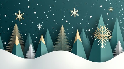 Professional Christmas card design with abstract geometric pine forest in teal color blocks, stylized gold snowflake elements with mathematical precision, white star shapes providing visual rhythm,