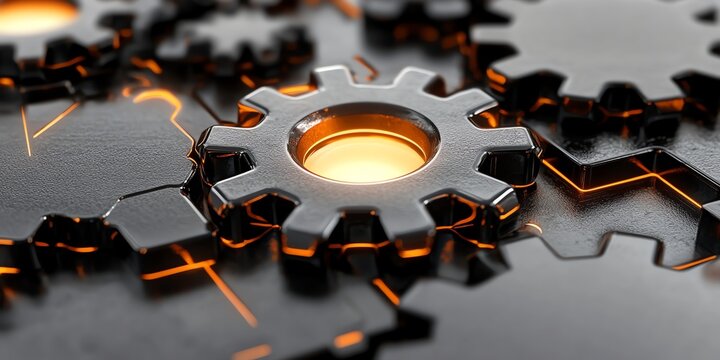 Futuristic Metallic Gears with Glowing Orange Highlights in Dark Environment