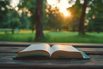 Open book resting on a wooden table in a peaceful park at sunset