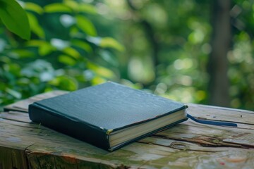 A closed journal rests on a wooden surface surrounded by lush greenery in a tranquil outdoor setting