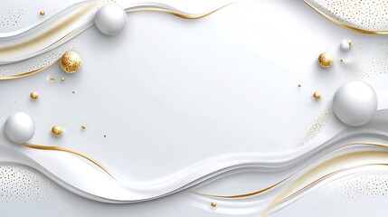Abstract white and gold background with flowing lines and spheres