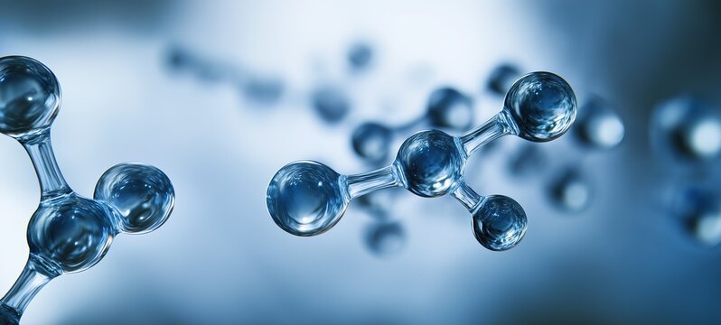 Close-up of abstract water molecules as glass spheres with silver filaments on blue background showcasing minimalist complexity through macro photography