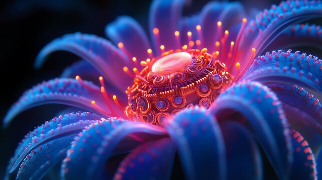 Vivid Bioluminescent Sea Anemone Underwater with Neon Colors