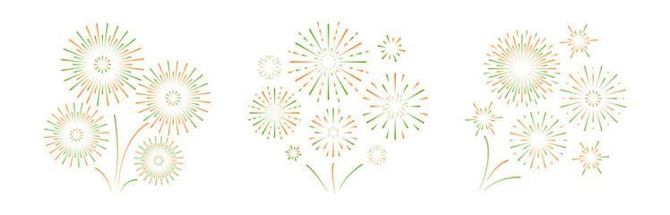 Fireworks Indian republic day set in flat style. green and orange sparks isolated on white background. India independence day. Blast explosion for poster banner card.