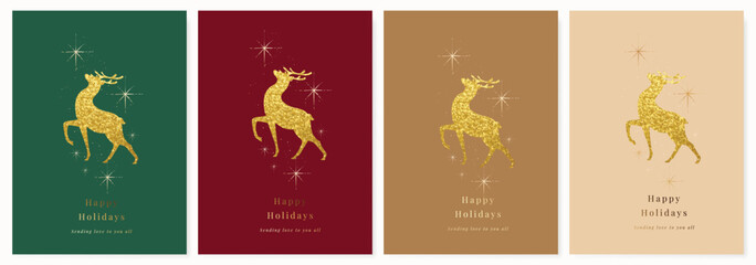 Obraz premium Christmas and Happy Holidays invitation card design vector. Minimal Happy New Year , Reindeer, sparkle on red, green and beige background. Design for Season's Greeting, Christmas, cover.