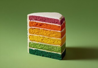 A vibrant rainbow layer cake slice, six distinct colors, creamy white frosting, stands on a muted green background, casting a slight shadow