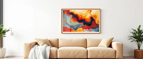 Beige sofa, white blanket, large framed canvas on white wall ,  backdrop,  interior design