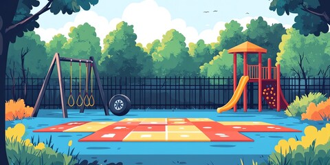 Colorful Playground with Swing Slide and Hopscotch in Outdoor Park
