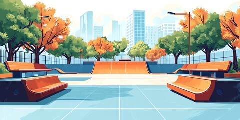 Modern City Park with Trees Benches and Skateboard Ramp in Urban Environment