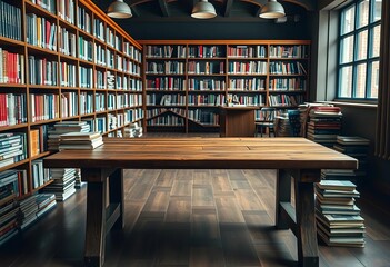Rustic wooden table in a quiet library, books stacked nearby,  bookshelves,  wood grain