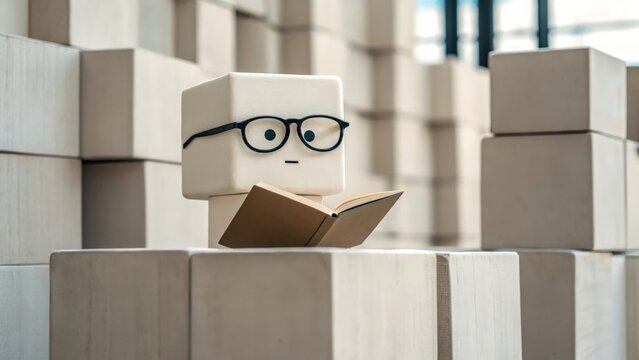 Cube wearing glasses and reading book among neutral blocks — knowledge-based leadership and wisdom
