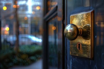 A close-up of a vintage brass doorknob on a dark blue door in an urban setting during twilight