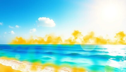 Vibrant watercolor sun splash over beach landscape; ideal summer banner, bright, beach
