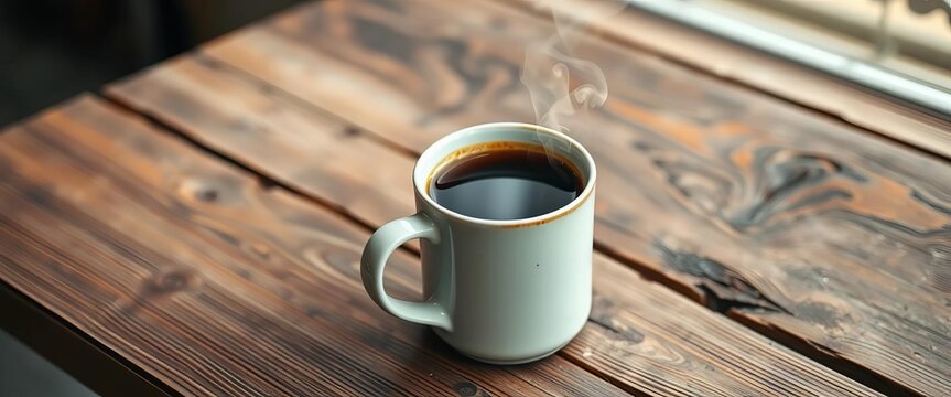 A steaming mug of coffee sits on a rustic wooden table, wooden, hot