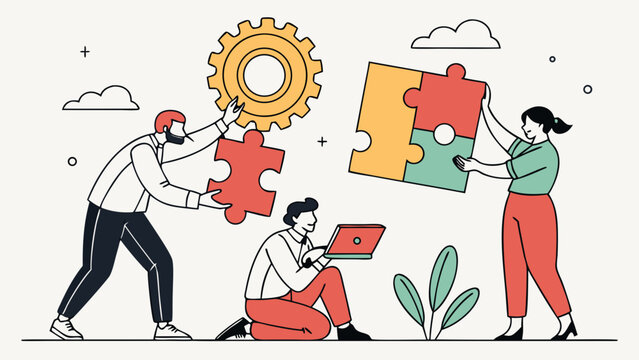 Three diverse individuals collaborate to solve a puzzle, illustrating teamwork and creativity in a modern setting.