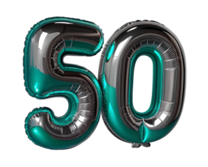 Shiny teal and silver number 50 balloons isolated on transparent background