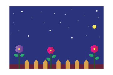Fototapeta premium Starry Sky Above A Cartoon Fence With Floating Flowers