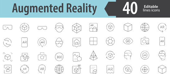 Augmented Reality Line Icons, AR Glasses, Mobile AR App, Virtual Overlay, Smart Object Scan, Real World Integration, Editable Formats: AI, EPS, PNG, Ideal for Both Digital and Print Use
