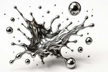 A generative AI render of a metallic fluid splash with dynamic droplets suspended in air. Clean background and hyperrealistic surface reflections for futuristic visual use.