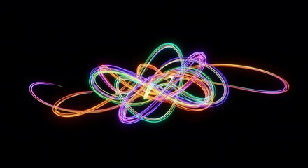 Light in motion against a dark background, a dynamic visual effect.3D render of glowing light trails in vibrant rainbow, Abstract swirling energy trails form a glowing abstract oval shape with vibrant