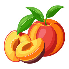 Vibrant peach illustration featuring a whole peach and two peach slices with leaves on a white background