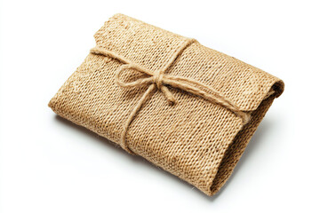 A rustic brown burlap package tied with twine presents an organic, natural look perfect for gifts or product presentation against white.