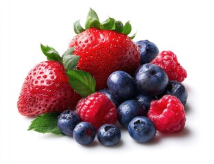 A vibrant cluster of fresh strawberries, raspberries, and blueberries, showcasing their natural colors and textures against a stark white background