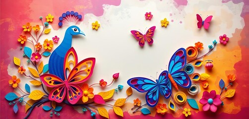 Vibrant peacock & butterfly paper cut design, abstract background, bright, modern