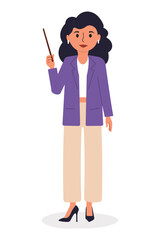 Female teacher in stylish outfit delivering a lesson with a pointer in hand at a classroom setting. Flat style character isolated on white background. Vector illustration.