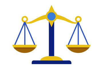 Stylized scales of justice illustration in gold blue and brown on a white background for design projects