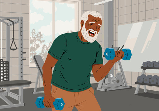 Illustration of a man exercising with dumbbells in a gym, showcasing fitness and vitality