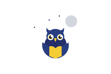 Obraz premium Owl Reading A Book Under Moonlight On