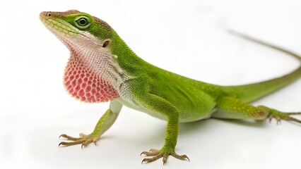 Fototapeta premium Green anole lizard, vibrant colors, isolated on white background.