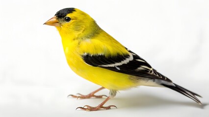 Close-up profile view of a vibrant yellow goldfinch, perched against a plain white background.