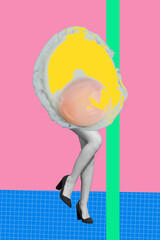 Banner image pop artwork photo collage of headless girl guy stand fried egg yolk protein healthy...