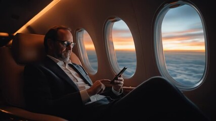 Businessman Uses Phone on Private Jet at Sunset Above Clouds, Luxury Travel - Powered by Adobe