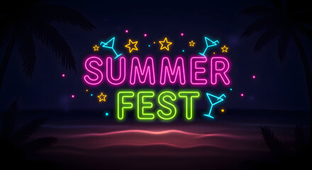 Bright neon light illuminates a 3d text design for a summer celebration party poster
