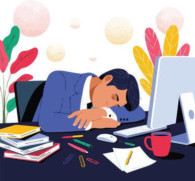 Man in suit sleeping on desk overwhelmed by work and stress