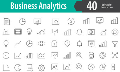 Business Analytics Line Icons, Data Chart, KPI Dashboard, Trend Graph, Report Sheet, Performance Metrics, Editable Formats: AI, EPS, PNG, JPG, Ideal for Both Digital and Print Use

