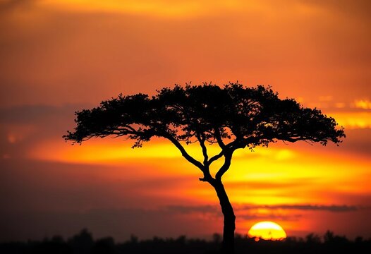 Dark silhouette of marula tree against vibrant sunset sky,  golden hour,   african savanna