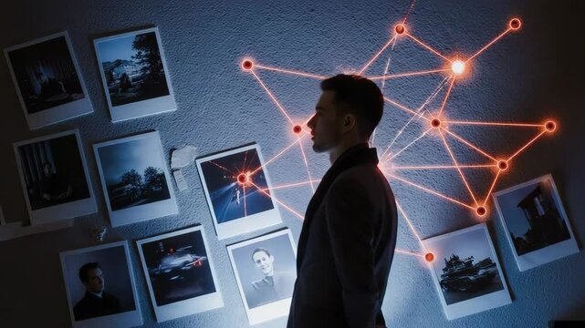 Man facing a conspiracy wall with photos and red string connections