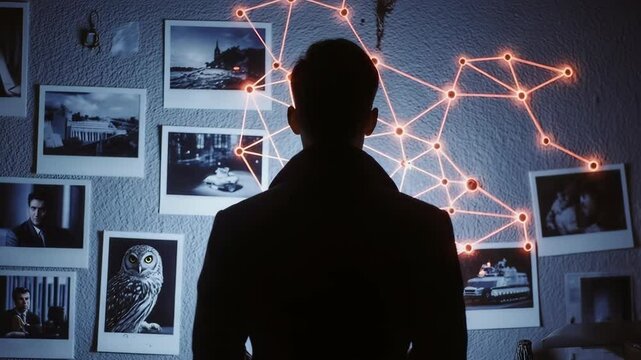 Silhouette of a man standing in front of a conspiracy wall