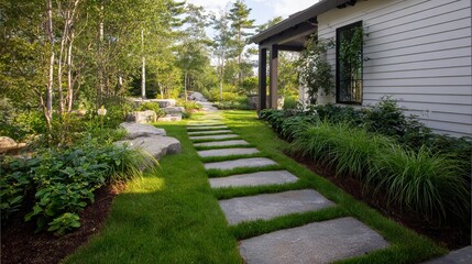 Obraz premium Serene pathway lined with stones and lush greenery leading to a modern home.