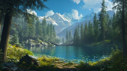 A forested lake surrounded by mountains and natural beauty
