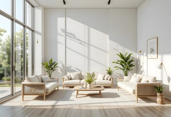 Fototapeta premium Bright modern minimalist living room with large floor-to-ceiling windows