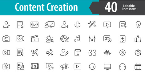 Content Creation Line Icons, Blog Writing, Video Production, Social Media Post, Graphic Design, Creative Workflow, Editable Formats: AI, EPS, PNG, , Ideal for Both Digital and Print Use
