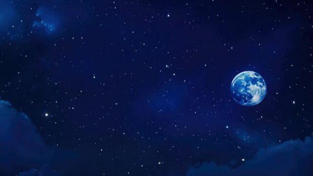 Night view of Earth from space with bright stars and distant galaxy in the background.