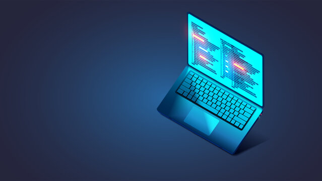 Software, web development, programming concept. Abstract Programming language and program code on screen laptop in isometric. Laptop on a stand for programming, coding, software development in dark.